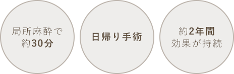 局所麻酔で約30分 日帰り手術 約2年間効果が持続